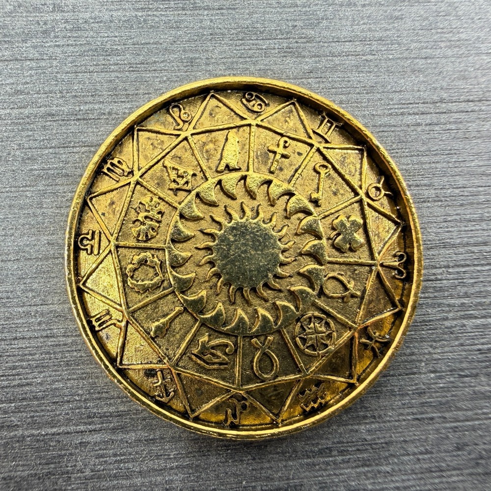 Celestial Gold Tone Zodiac Coin Pendant Gothic Mystical Statement Layering Piece